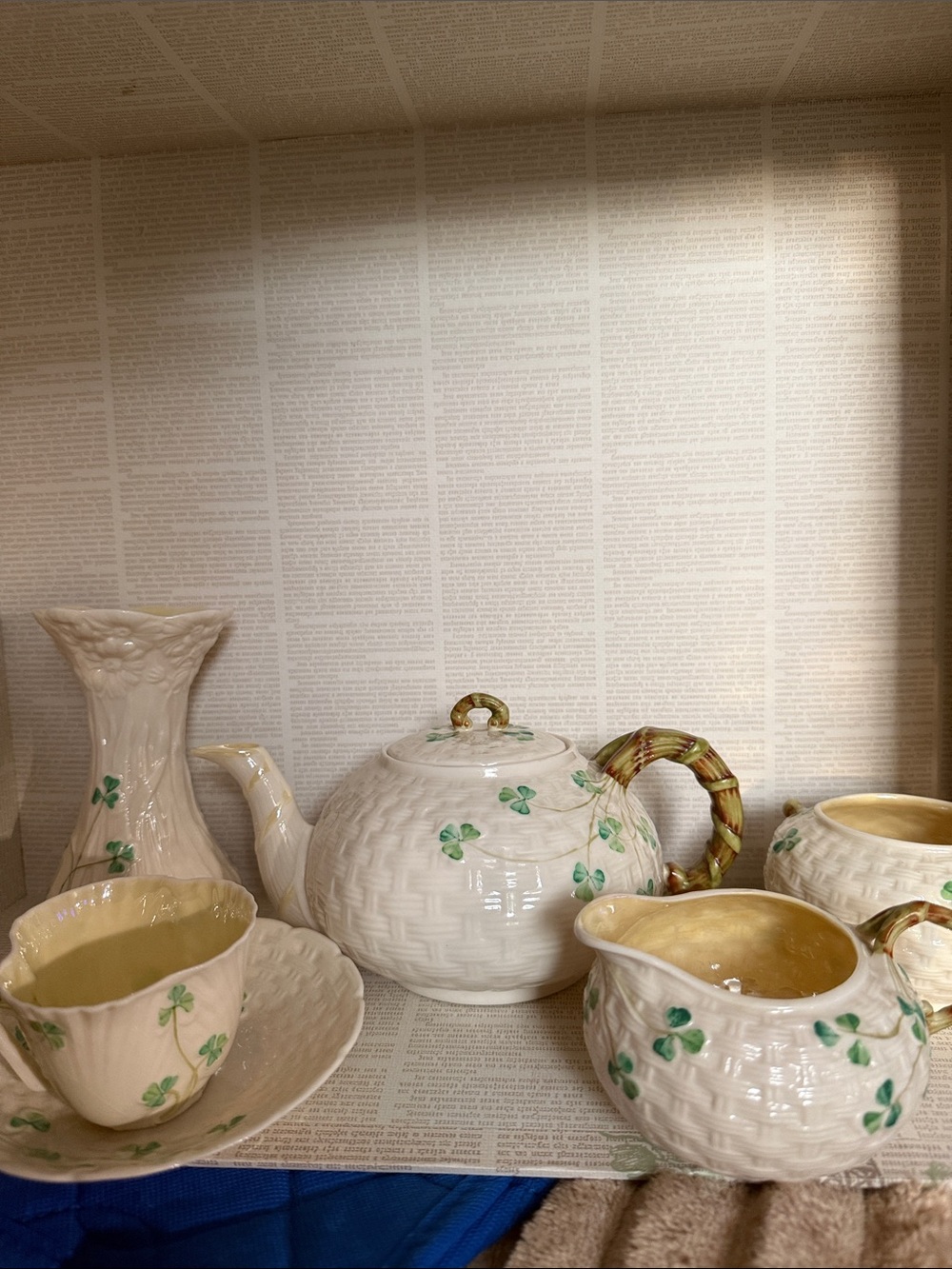 Belleek White Ceramic Tea Set with Green Shamrock Accents